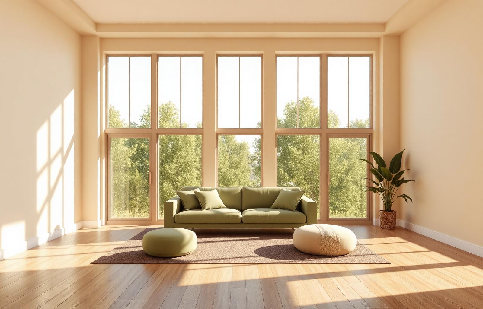 3D rendered modern living room with annotations